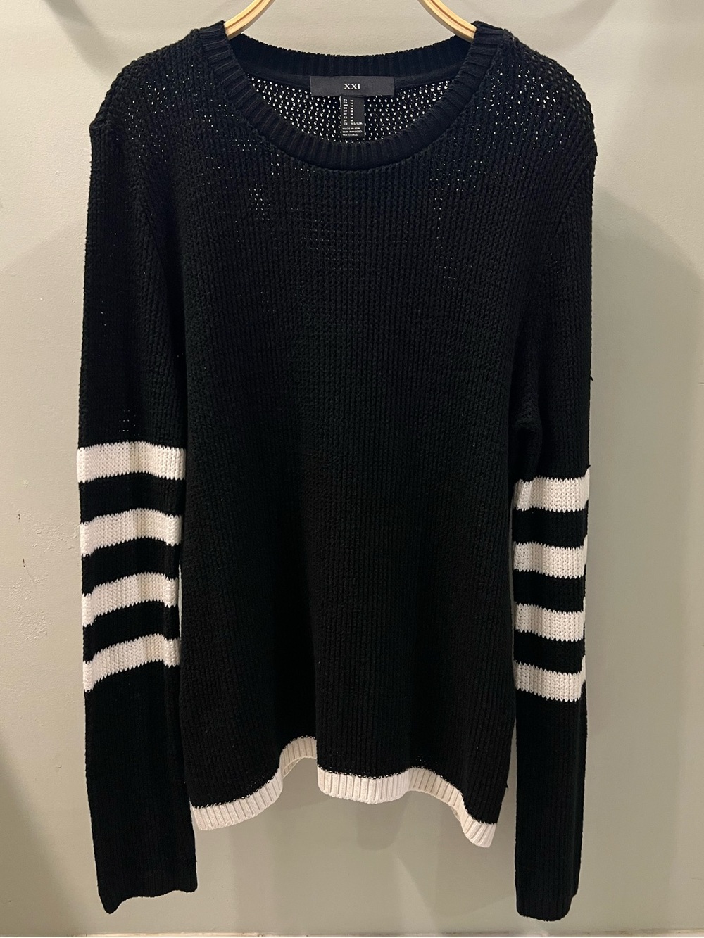 Black Crewneck Sweater with White Sleeve Stripes